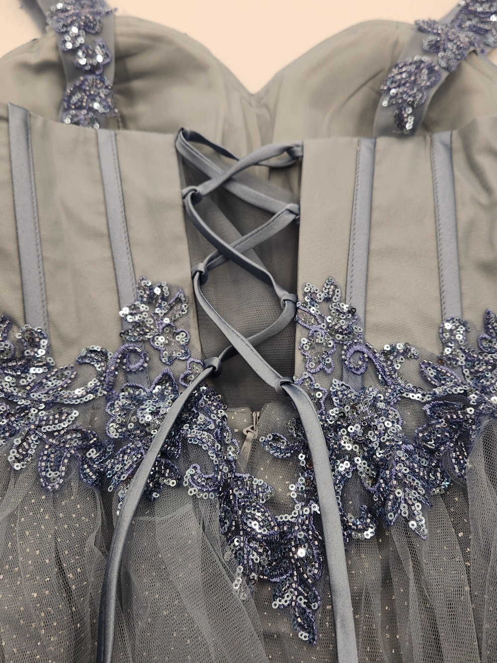 Satin & Tulle Dusty Blue Party Mini Dress - Picture 10 of 16